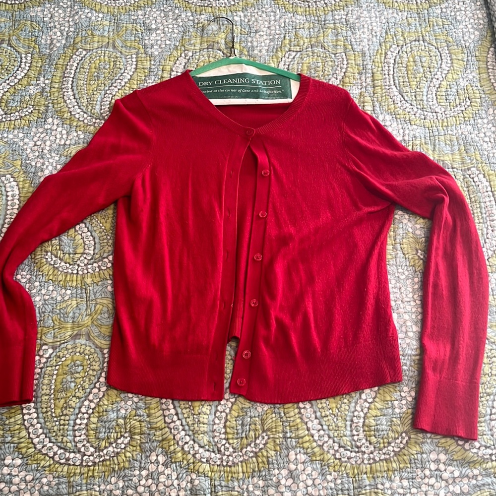 Red sweater, loft, rayon/polyester blend